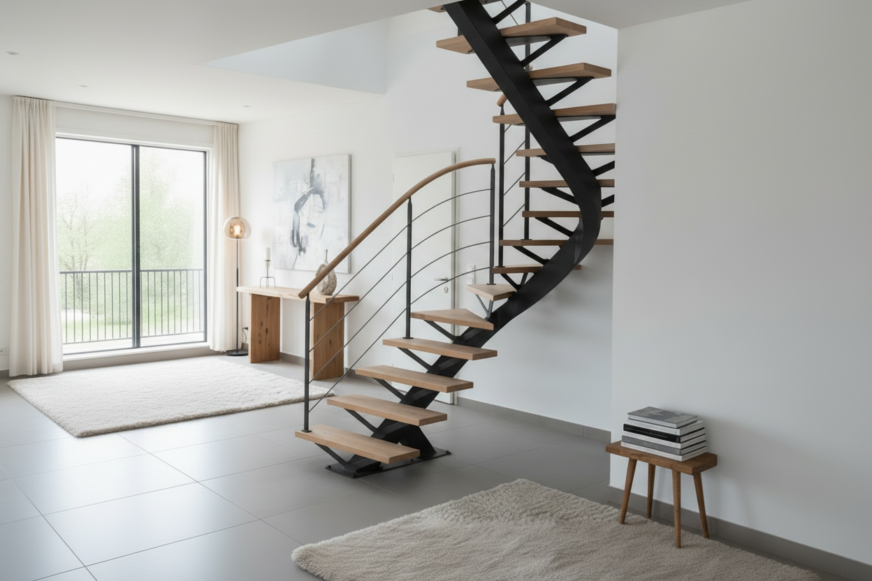 Escalier demi tournant en fer et bois à limon central débillardé avec marches en hêtre 