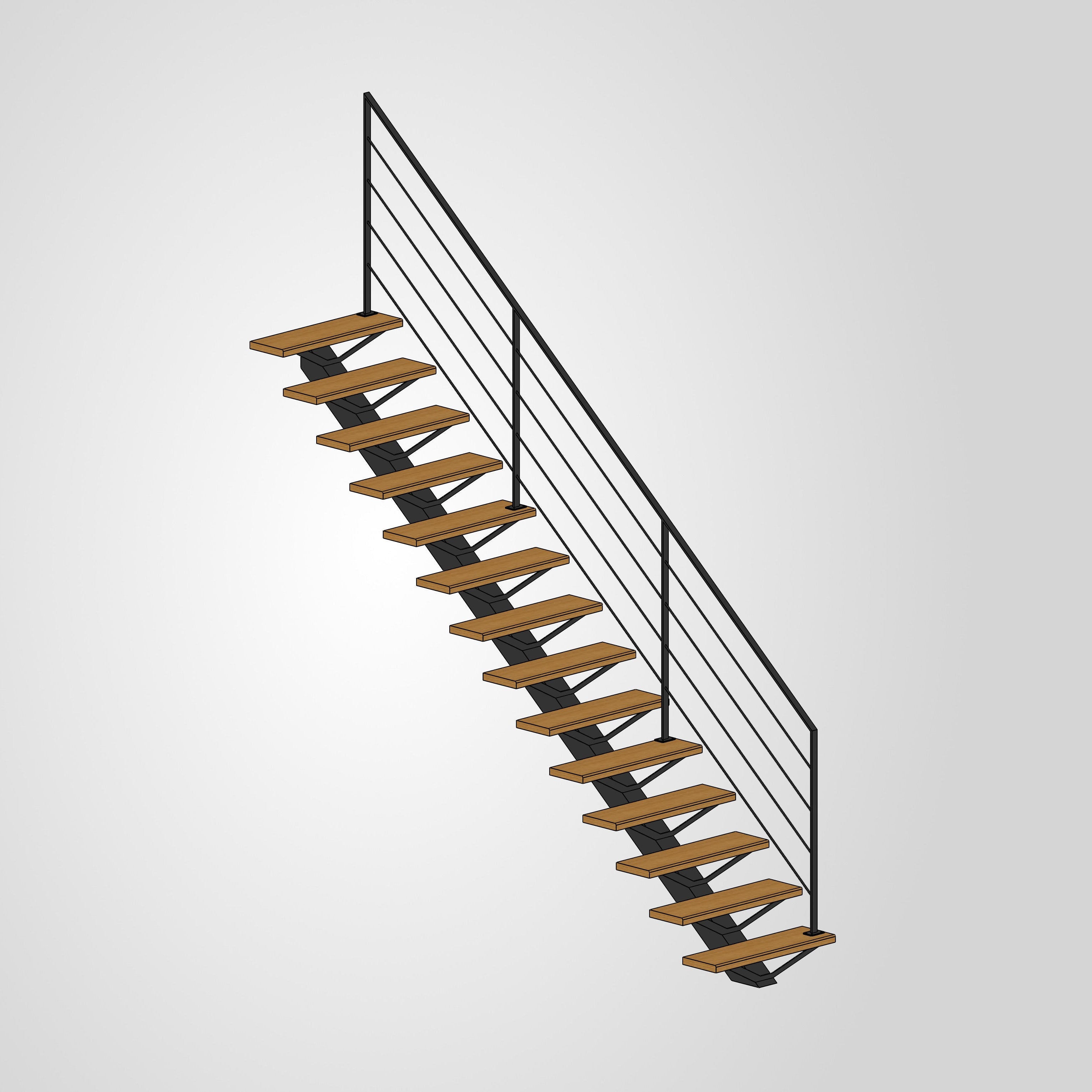 Escalier droit limon central marche chêne main courante acier