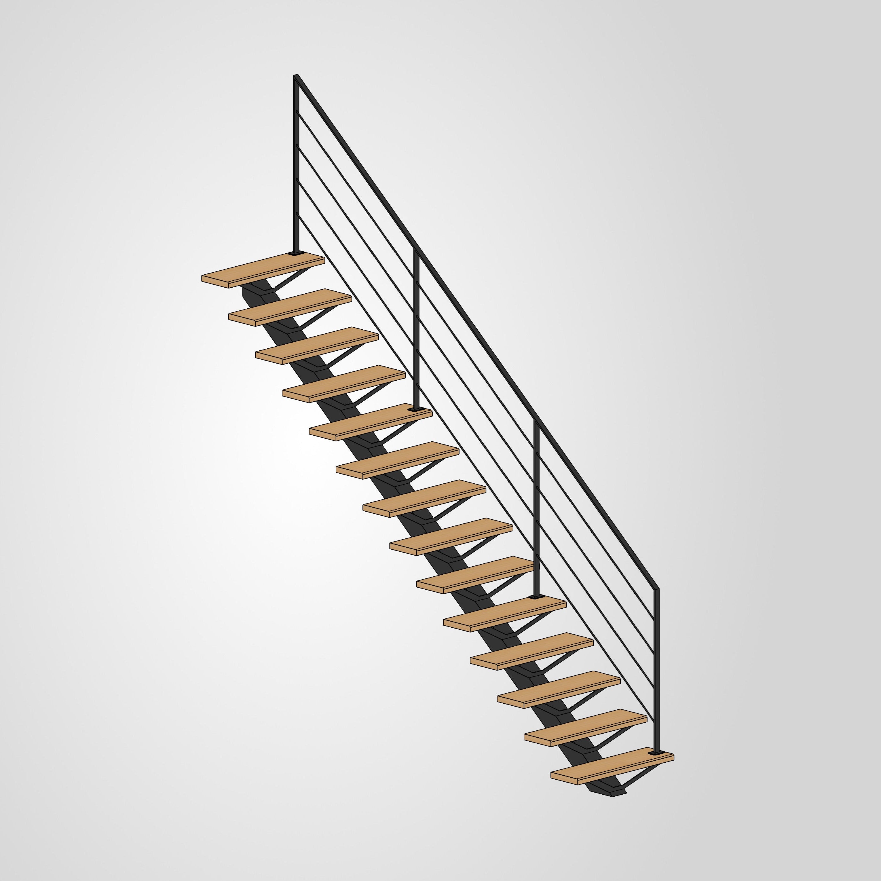 Escalier droit limon central marche hêtre main courante acier