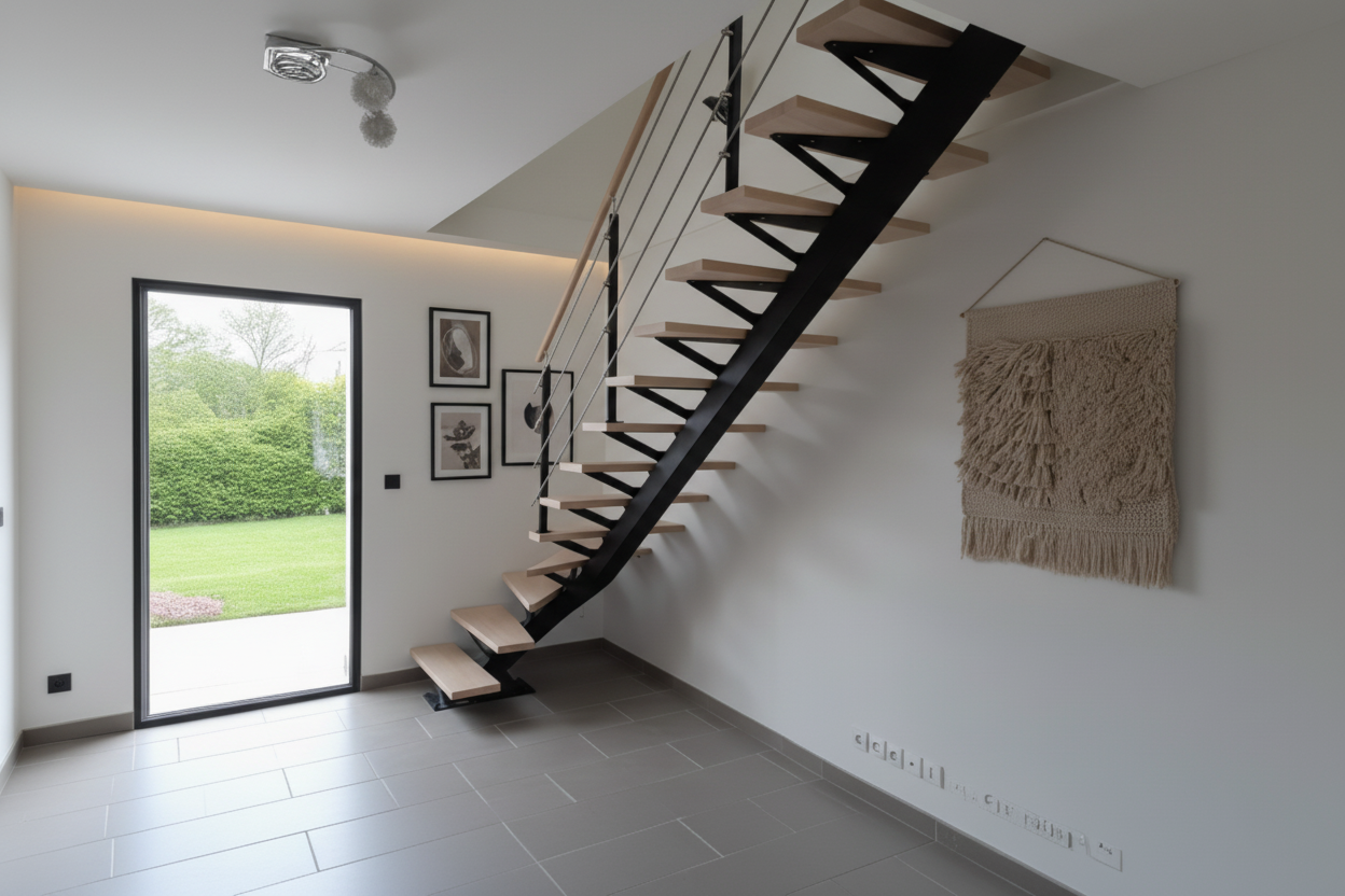  Escalier à Limon central des billardés avec marche en hêtre, garde corps avec main courant hêtre, lisse horizontale en inox et support de marche en trapèze ajourée, fabrication artisanale sur mesure. Escalier fabriqué en Indre et Loire, posé à Loches