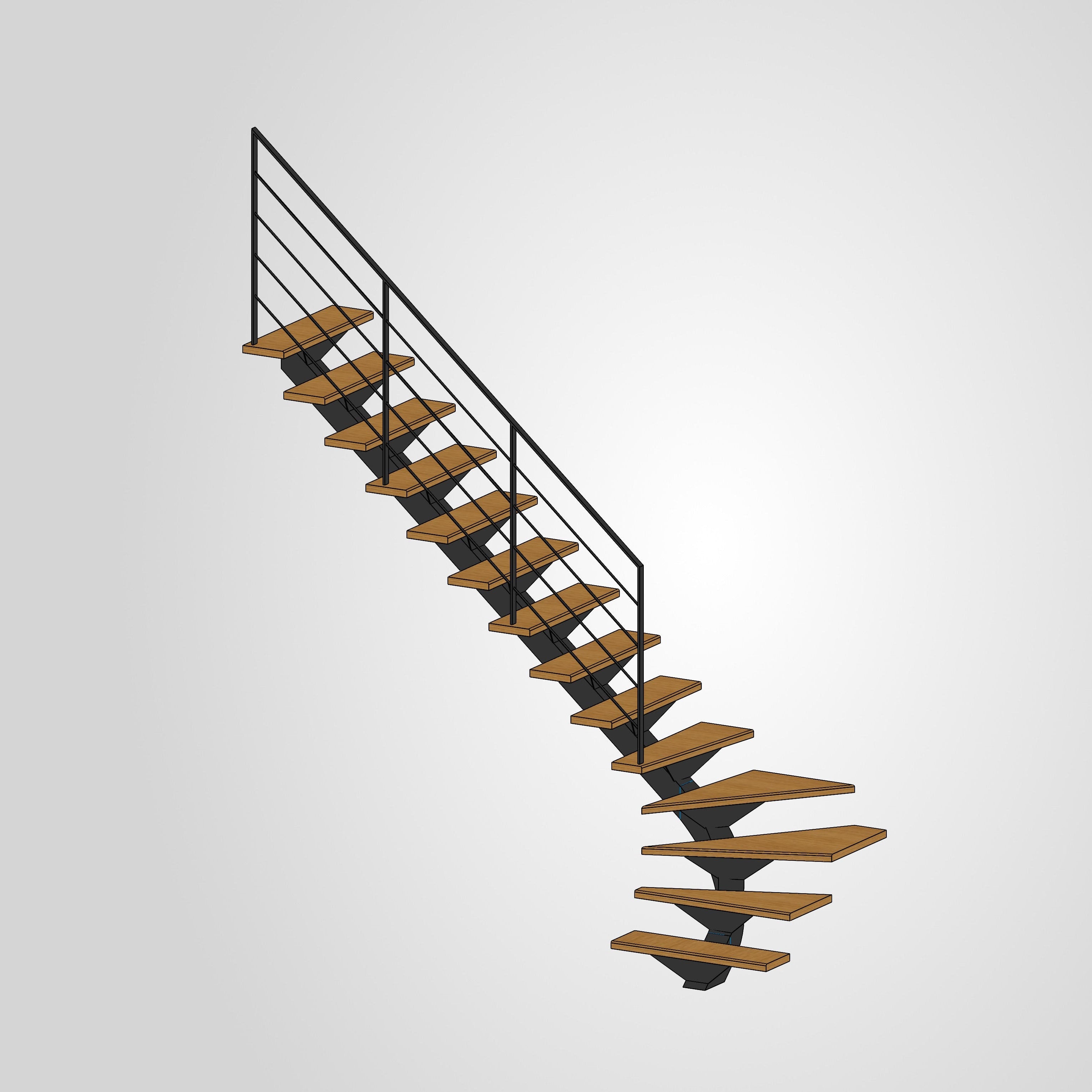 Escalier limon central quart tournant gauche chêne acier trapèze