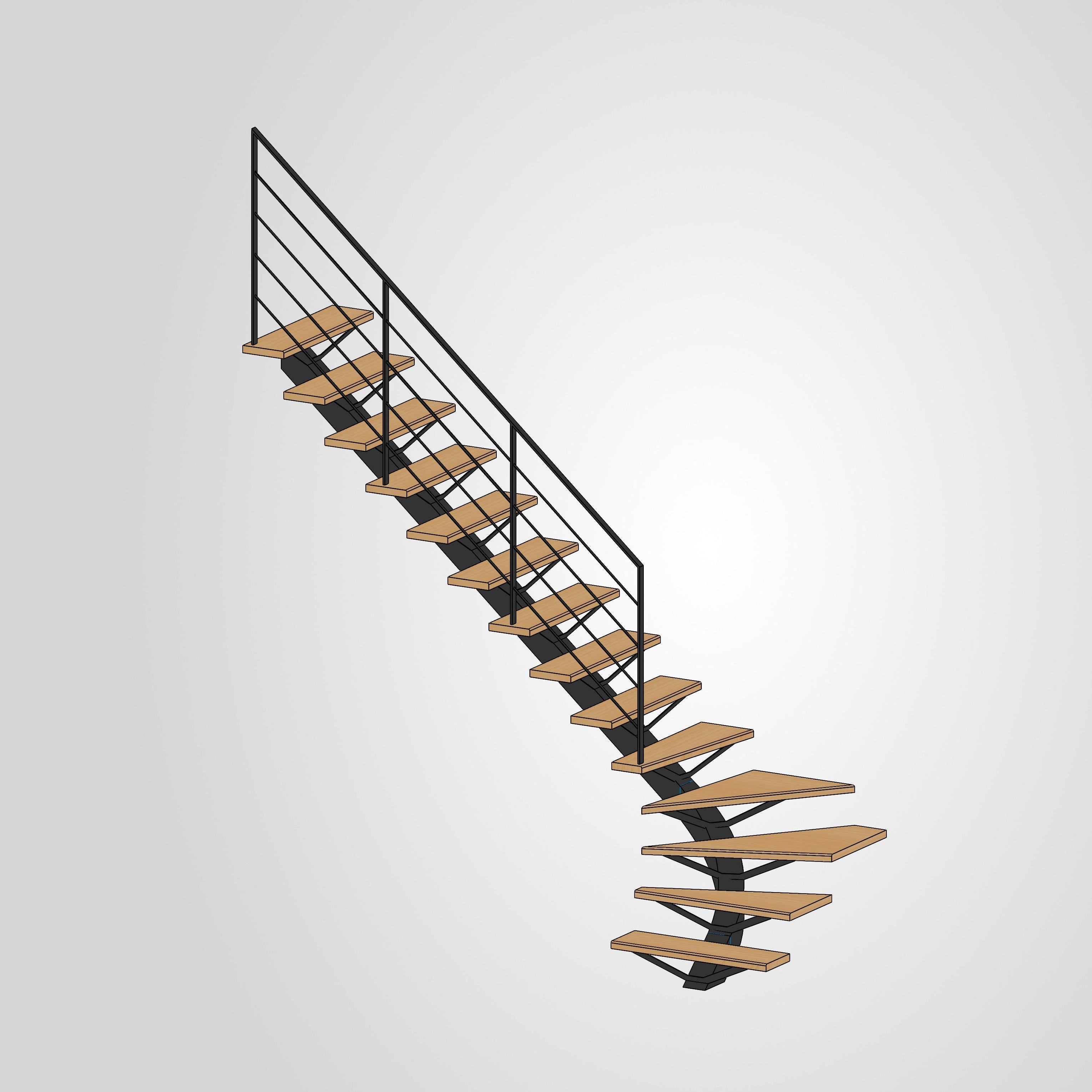 Escalier limon central quart tournant gauche hêtre acier ajouré