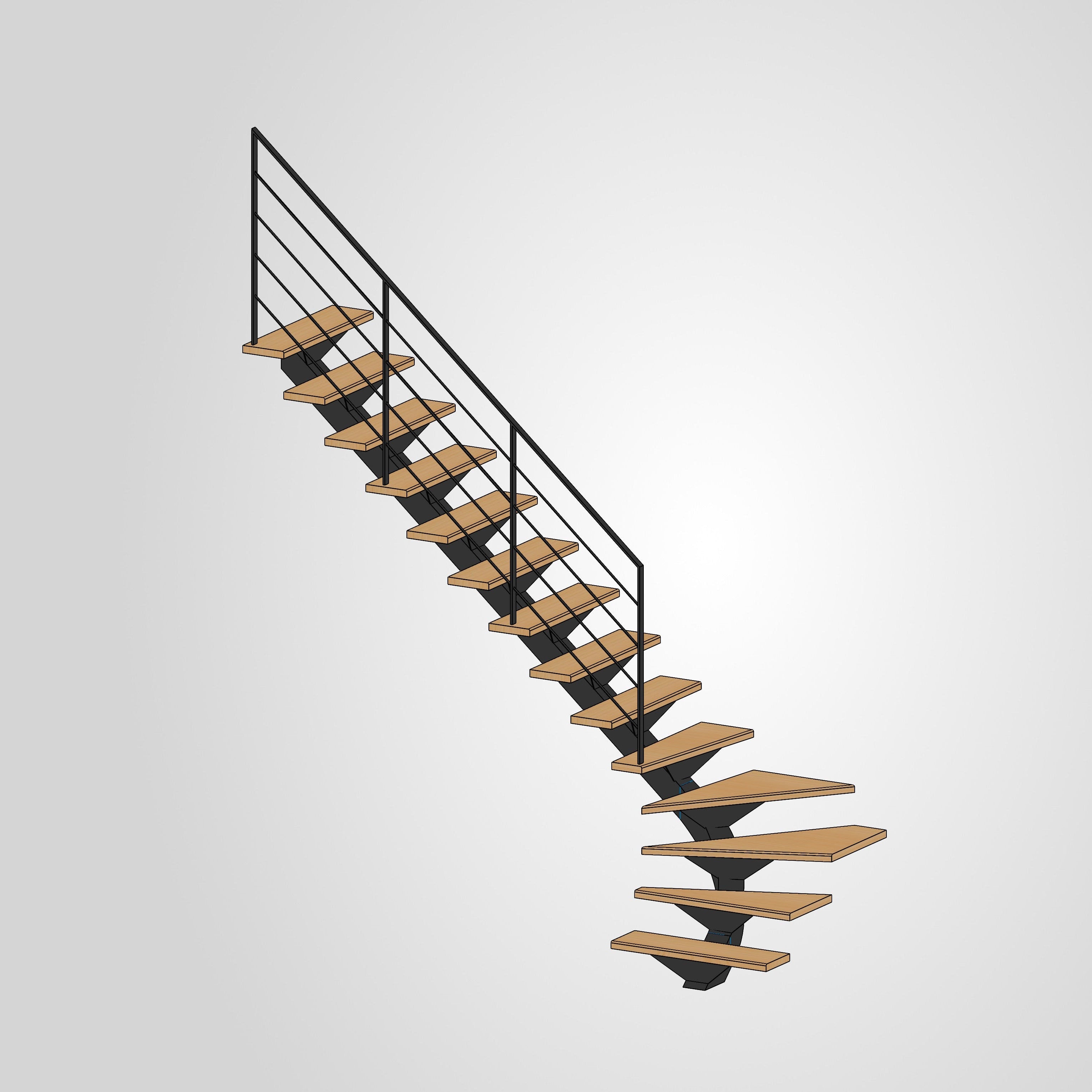 Escalier limon central quart tournant gauche hêtre acier trapèze