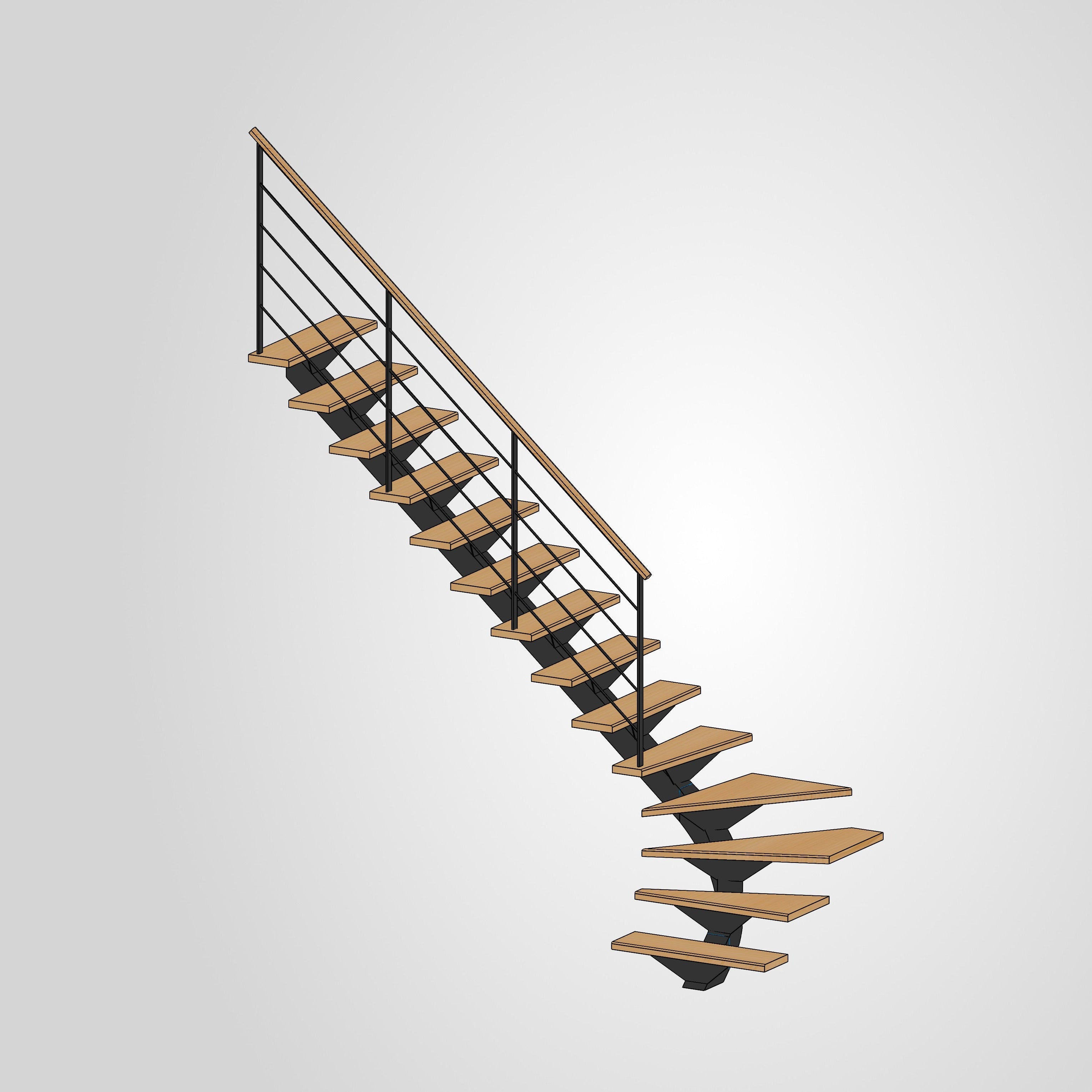 Escalier quart tournant à gauche limon central hêtre trapèze